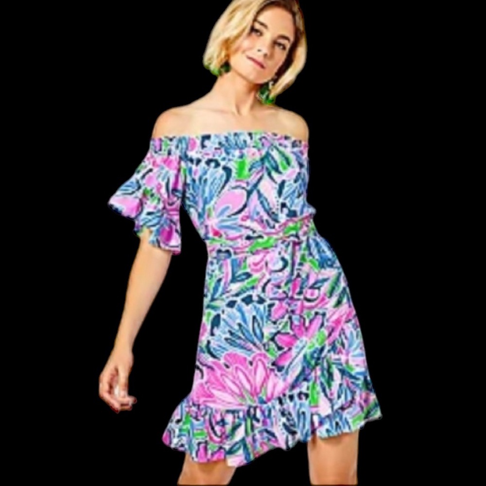 Lilly Pulitzer NWT Maddlyn Off Shoulder stretchy Dress Tiger Sunrise sundress L - Picture 8 of 9